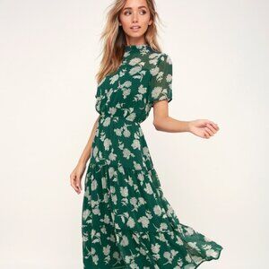 Lulus Floral Dressed Up Dark Green Floral Print Midi Dress - Size S